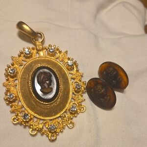 Gold-Tone Cameo Pendant with Brown Cameo Accents